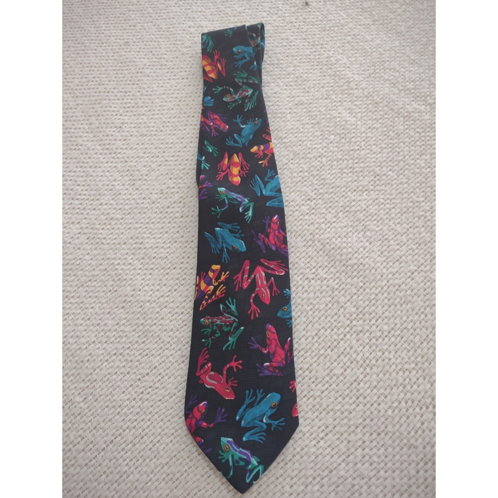 VTG Addiction Mens Frog Print Necktie Black Multicolor Tropical Tree Frogs